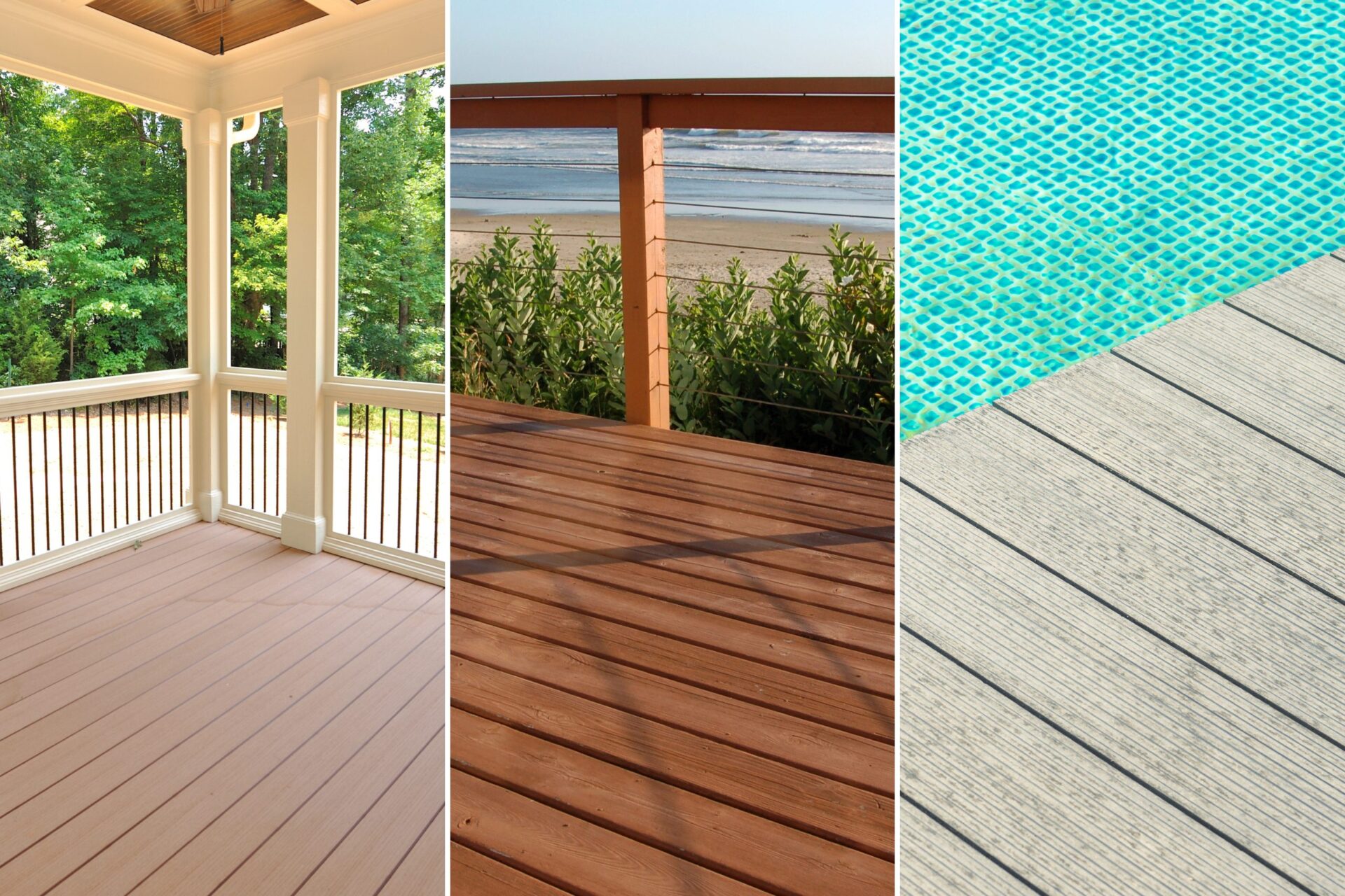 Screened composite porch, wood cable-rail deck, composite pool decks.