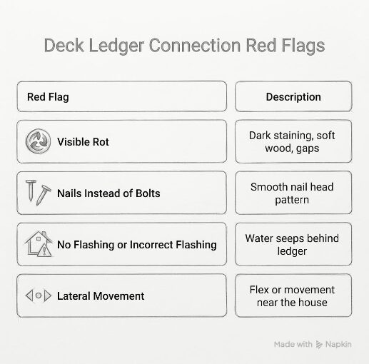 A diagnostic chart for homeowners showing critical safety red flags at the deck ledger connection, including visible rot, nails instead of bolts, and missing flashing.