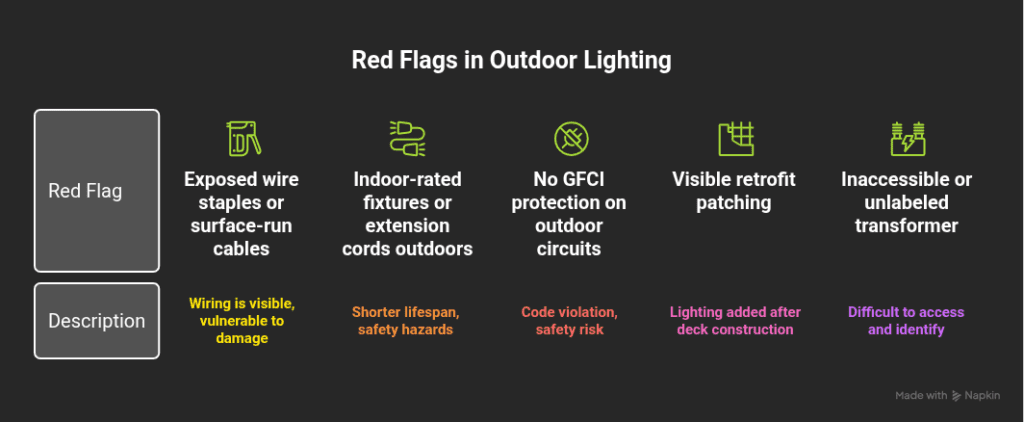 Infographic detailing bad deck lighting red flags like exposed wires, code violations, and retrofit patching.