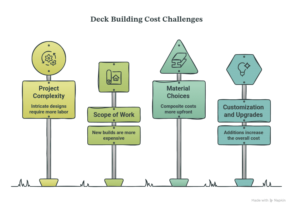 An infographic titled Deck Building Cost Challenges, illustrating four main cost factors: Project Complexity, Scope of Work, Material Choices, and Customization and Upgrades.