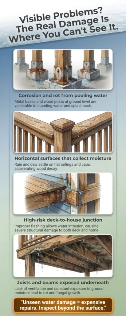 An infographic demonstrating where water damage can hide in a deck highlighting the importance of Deck drainage