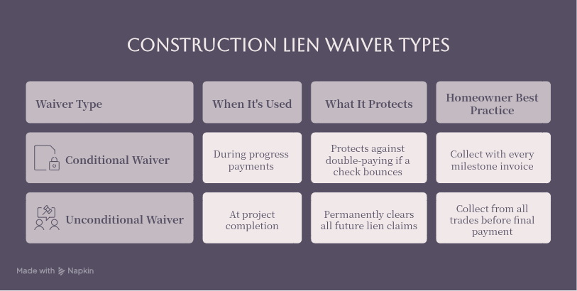 A comparison table detailing conditional versus unconditional lien waivers, showing when each is used, what they protect, and homeowner best practices during custom deck construction.