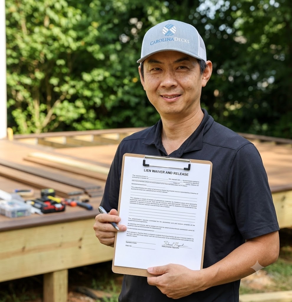 Carolina Decks project manager holding a signed Lien Waiver and Release form on a composite deck job site.