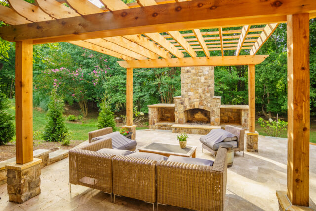 Patio with stone fireplace