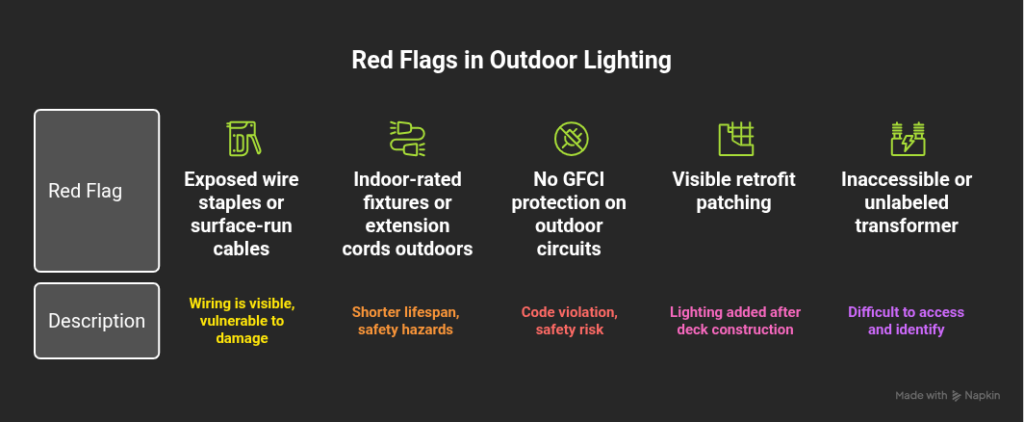 Infographic detailing bad deck lighting red flags like exposed wires, code violations, and retrofit patching.