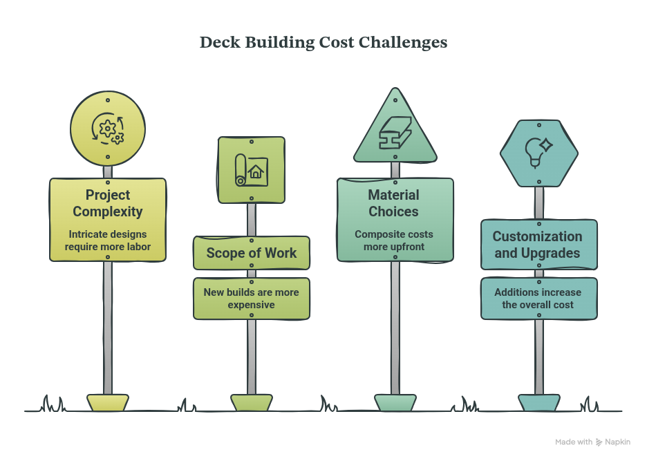 An infographic titled Deck Building Cost Challenges, illustrating four main cost factors: Project Complexity, Scope of Work, Material Choices, and Customization and Upgrades.
